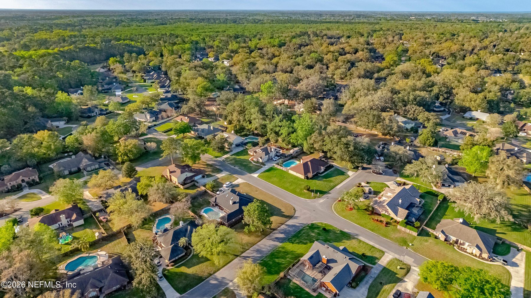 An aerial view over a tree-covered neighborhood near Orange Park